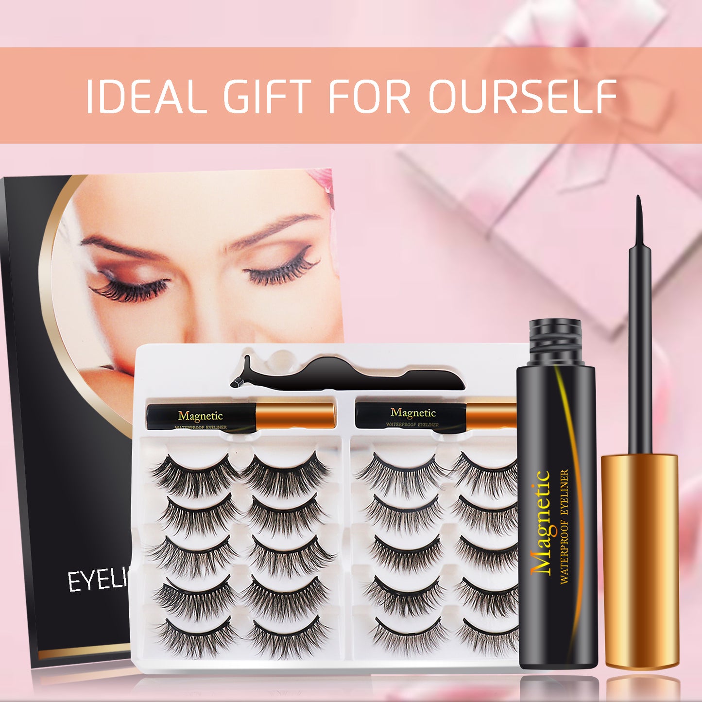 Upgraded Magnetic Eyelashes Eyeliner Kit, 10Pairs False Eyelashes, Natural Look False lashes, Thick Crossed Lashes with Tweezer, Waterproof Reusable, Natural Look, No Glue Needed