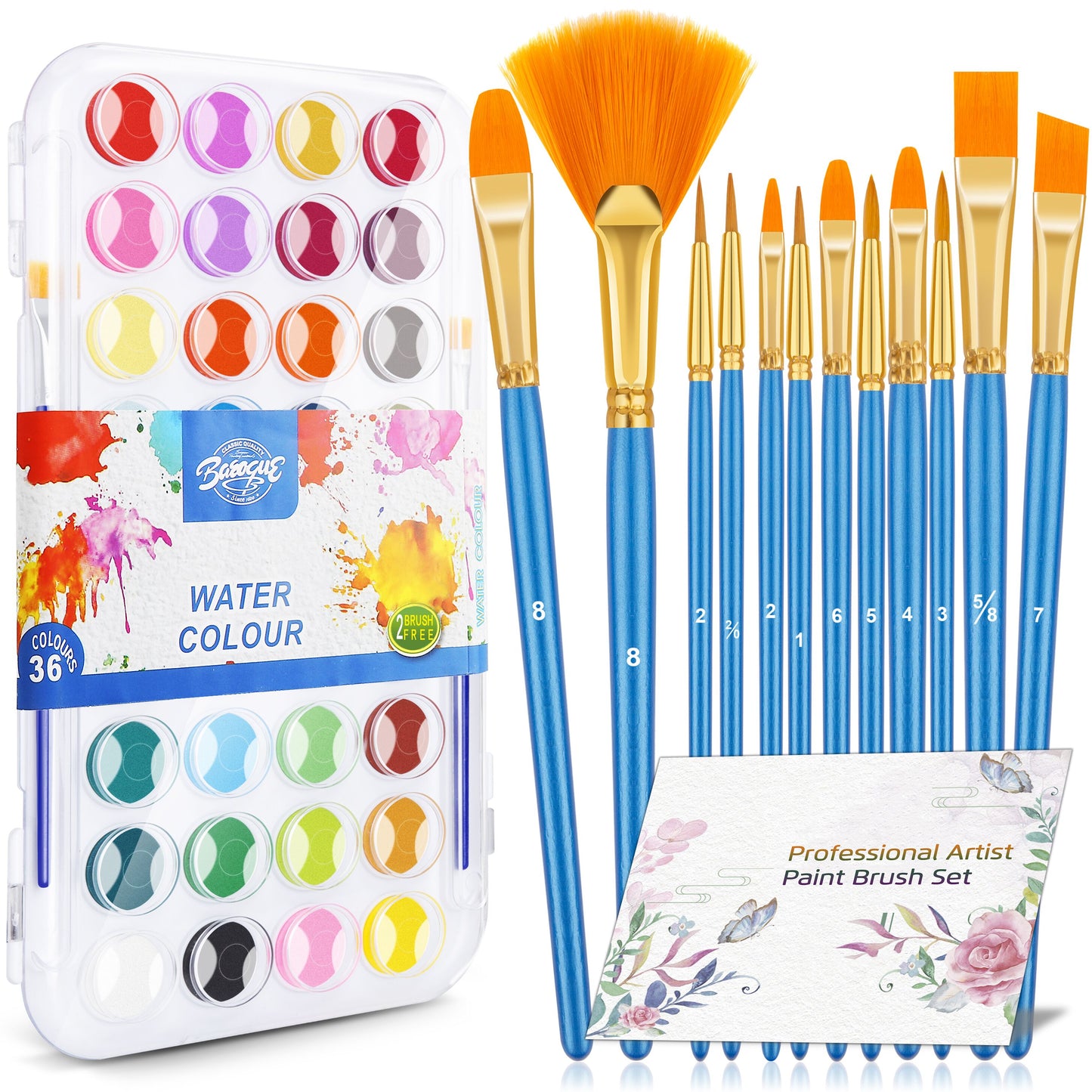 12PCS Paint Brushes Watercolor Set, 36 Colors with Palette, Nylon Hair Artist Paint Brush, Acrylic, Oil, Face, Nail, Line Drawing Use, Portable Travel Set for Artist, Students, Kids, Beginners