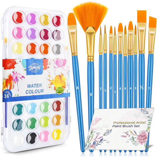 12PCS Paint Brushes Watercolor Set, 36 Colors with Palette, Nylon Hair Artist Paint Brush, Acrylic, Oil, Face, Nail, Line Drawing Use, Portable Travel Set for Artist, Students, Kids, Beginners