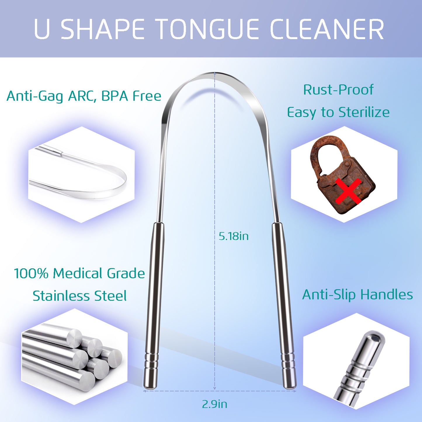 4PCS Tongue Scraper, Stainless Steel Tongue Cleaners, 100% BPA Free Fresher Tongue Tools, Healthy Oral Hygiene Brushes, Medical Grade Reusable Stainless Steel, Eliminate Bad Breath